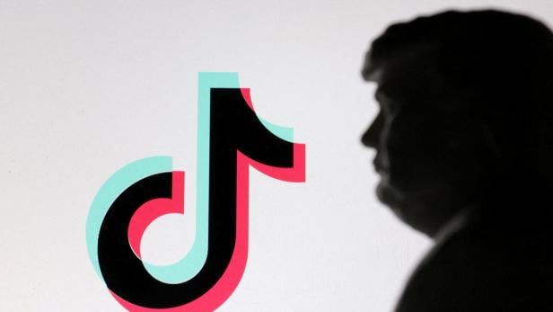 Das TikTok-Logo ist groß zu sehen, daneben die dunkle Silhouette von Trump im Profil.