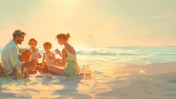 Familie beim Kartenspiel am Strand