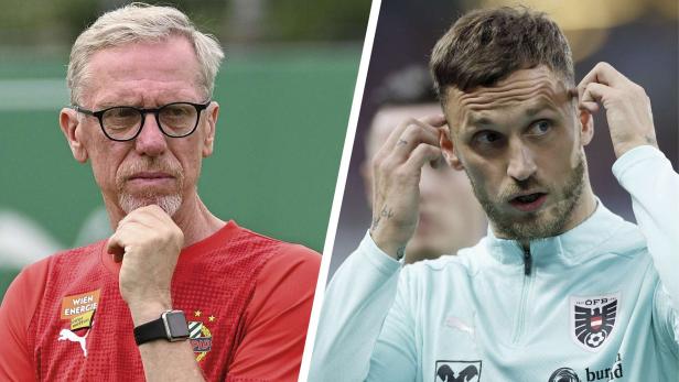 Stöger (li.) hatte gutes Gespräch mit Arnautovic, die Zusage für Rapid blieb aus.