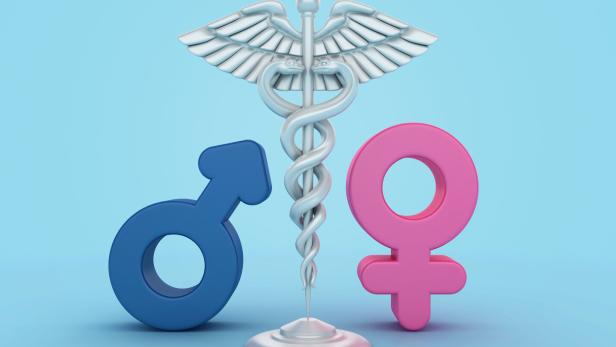 blaues männliches geschlechts symbol und rosa weibliches, dazwischen ein Äskulapstab