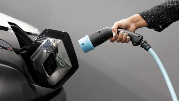 FILE PHOTO: A woman holds a cable to charge up a Renault Kangoo ZE electric utility vehicle at a Renault automobile dealership in Cagnes-Sur-Mer