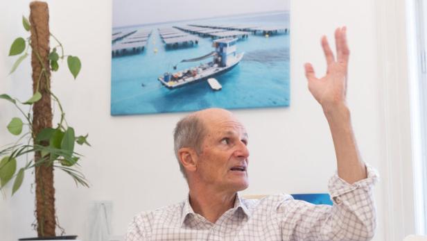 Wolfang Putschek von Swimsol sitzt vor einer Wand und bewegt eine Hand in der Luft, während er etwas erklärt. Hinter ihm ist ein Bild von den Swimsol-Anlagen am Meer