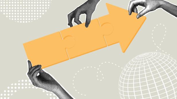 Modern halftone collage. Concept of teamwork, problem solving together, business direction, collaborate to win,achieve success. Business creative illustration for web banner, marketing material, business presentation.