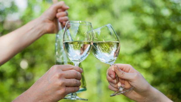 Zwei Personen stoßen mit Weißwein im Freien an.