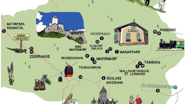 Eine illustrierte Karte der Region um Mauterndorf mit Sehenswürdigkeiten wie Burg Mauterndorf und Prebersee.