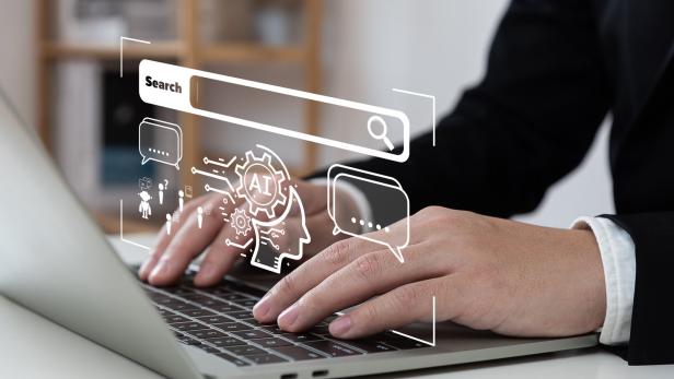 Chatbot with AI (Artificial Intelligence), search engine, businessman using laptop connection to AI, use command prompt for generates idea something or solve problems, digital transformation, SEO.