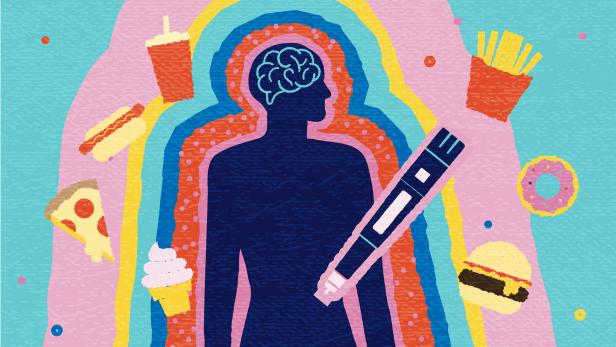 Impact of Semaglutide therapy on weight loss and unhealthy eating habits abstract concept with human silhouette, injection pen and fast food elements