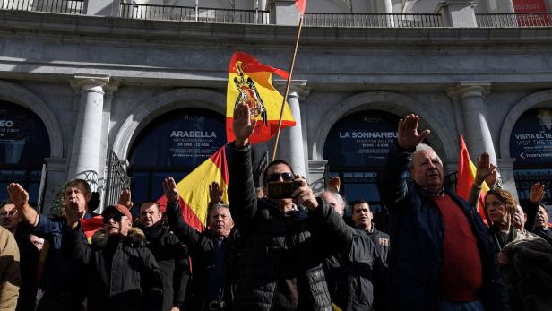 Eine Gruppe von Menschen demonstriert mit spanischen Flaggen vor dem Teatro Real in Madrid.