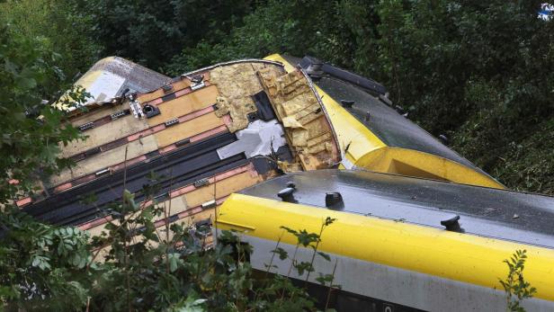 GERMANY-ACCIDENT-TRAIN Ein entgleister Zug liegt zwischen Bäumen.