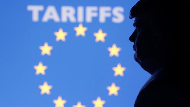 Illustration shows 3D-printed model of U.S. President Trump and EU flag pattern with word "tariffs\