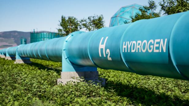 Wasserstoff-Pipeline mit H2 Hydrogen Aufdruck. Wasserstoff-Pipeline mit H2 Hydrogen Aufdruck.