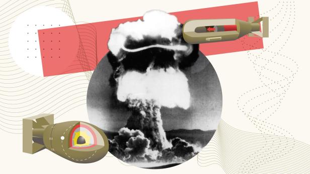 Bild zeigt den Atompilz von Hiroshima und die beiden Atombomben "Fat Man" und "Little Boy"