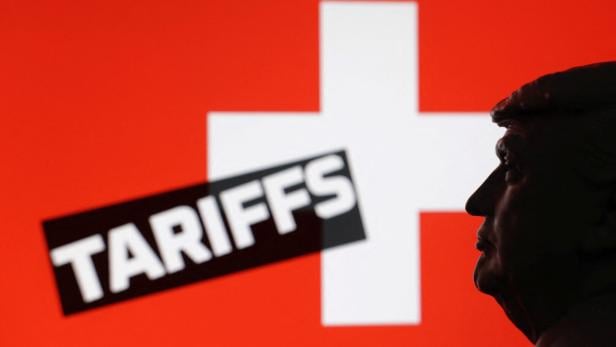 Illustration shows 3D-printed miniature model of U.S. President Donald Trump, Switzerland flag and the word "Tariffs\