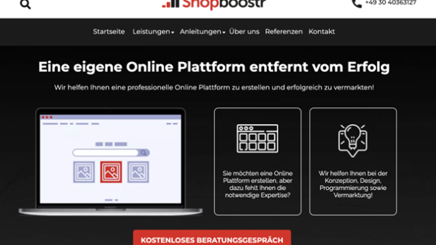 Auf dem Bild wird die Startseite der Online Plattform shopboostr.de abgebildet.