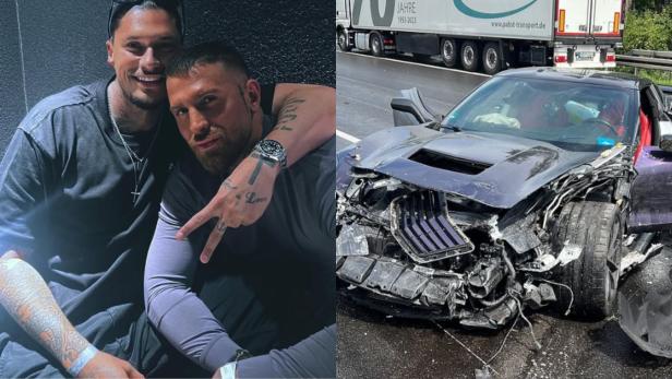 Yasin Mohamed und Gigi Birofio mit einem Autowrack