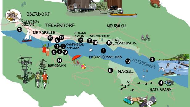 Eine illustrierte Karte des Weissensees mit verschiedenen Sehenswürdigkeiten und Aktivitäten.