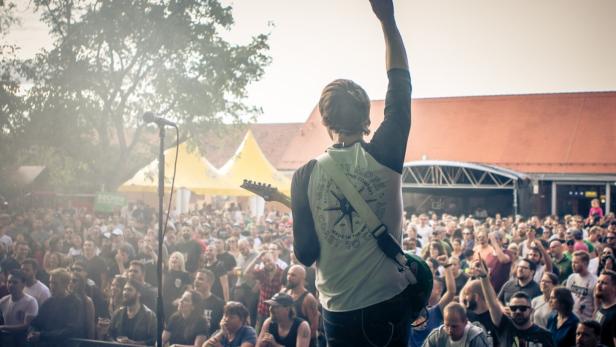 Ein Musiker mit Gitarre steht auf einer Bühne vor einer großen, jubelnden Menschenmenge im Freien.