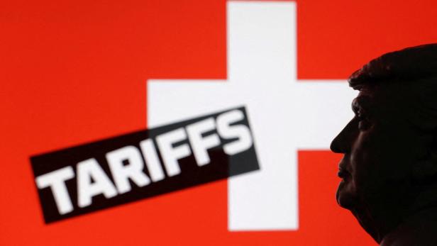 FILE PHOTO: Illustration shows 3D-printed miniature model of U.S. President Donald Trump, Switzerland flag and the word "Tariffs\