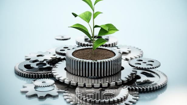 Plant growing inside the flower pot shaped cogwheel in motion. Sustainable industrial growth concept.