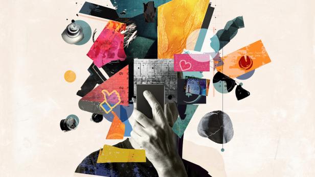 Digital overload and its impact on the human brain, showcasing fragmented thoughts, information overload