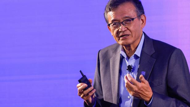 Intel CEO Lip-Bu Tan makes a speech on stage in Taipei