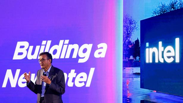 FILE PHOTO: Intel CEO Lip-Bu Tan makes a speech on stage in Taipei