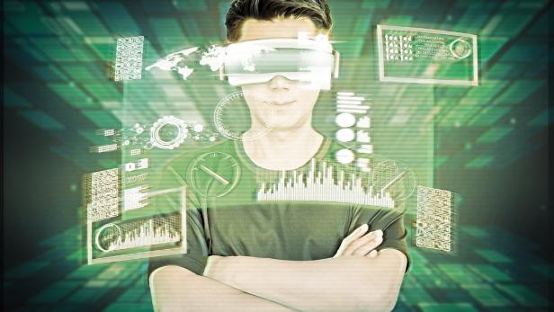 Virtuelles Bild mit einem jungen Mann mit VR-Brille, alles in grün gehalten