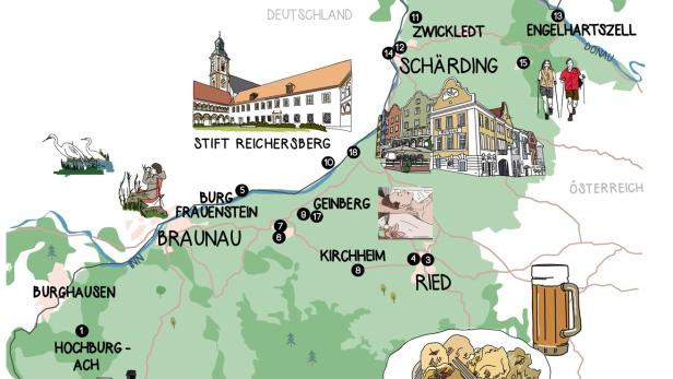 Eine illustrierte Karte der Region zwischen Burghausen und Engelhartszell mit Sehenswürdigkeiten und typischen Speisen.
