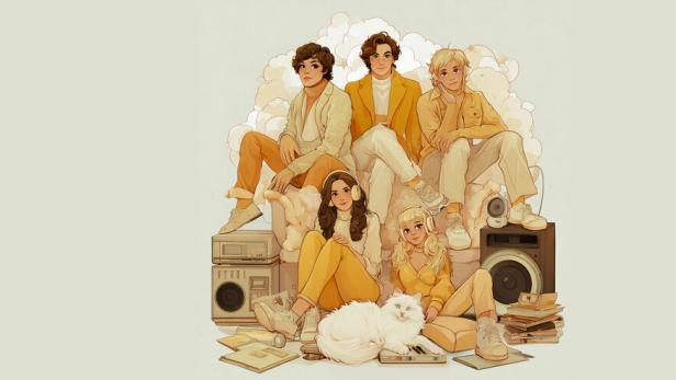 Eine Gruppe junger Leute sitzt mit einem weißen Kater und Musikequipment zusammen.