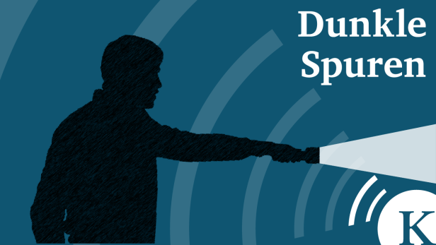 Podcast Cover von "Dunkle Spuren", schwarze Silhouette einer Person mit Taschenlampe in der Hand