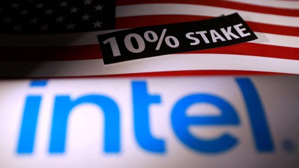FILE PHOTO: Illustration shows U.S. flag, Intel logo and words "10% stake\