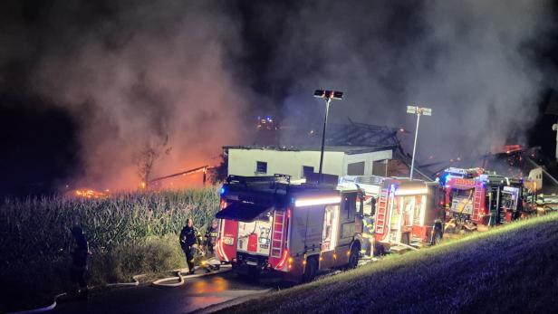 Ein brennender Stall, davor stehen Feuerwehrautos. 