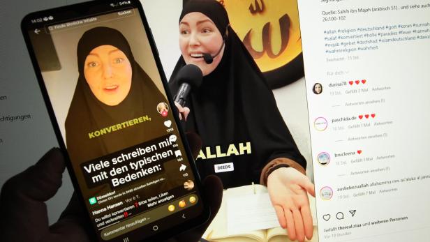 Auf einem Smartphone wurde der TikTok-Account von Hanna Hansen geöffnet. Dahinter wurde auf einem Laptop der Instagram-A