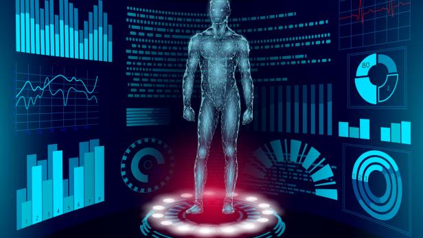 3D low poly human body HUD display doctor online. Future technology medicine laboratory web examination. Blood system disease diagnostics futuristic UI vector illustration