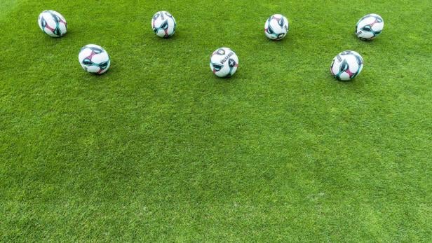 Mehrere Fußbälle liegen auf einem grünen Rasen.