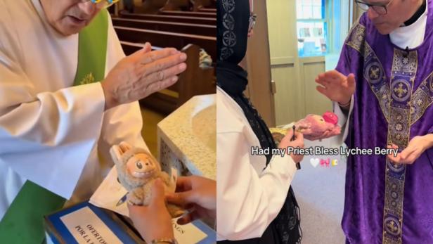 Immer mehr User im Netz fürchten, dass ihre Labubu-Figuren vom Bösen besessen sein könnten. Nun werden sie in der Kirche gesegnet. Pfarrer segnen Labubus
