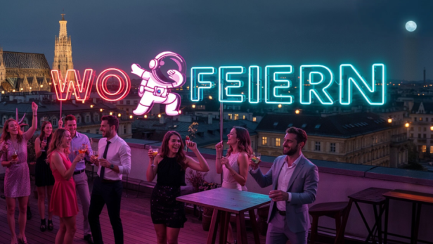 Menschen stehen auf einem Dach, umgeben von Neonlichtern mit der Aufschrift "WO FEIERN".