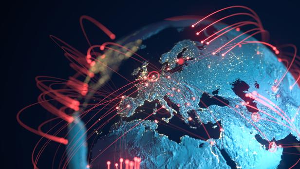 Globus mit roten Verbindungen zu Städten