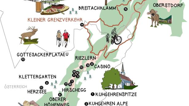 Eine illustrierte Karte der Region um Oberstdorf, Riezlern und Hirschegg mit Wanderwegen und Sehenswürdigkeiten.