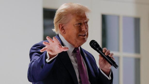 Donald Trump in Anzug und Krawatte spricht in ein Mikrofon, das er in der Hand hält, und gestikuliert dabei