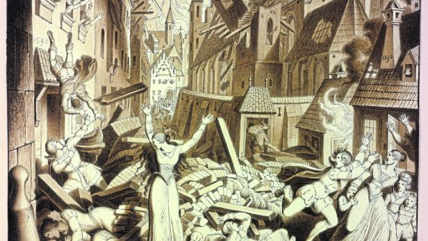 Feder- und Pinselzeichnung in Braun mit Weißhöhungen über Bleistift von Karl Ruß aus dem Zyklus "Bilder zur Geschichte von Wien", 1832.