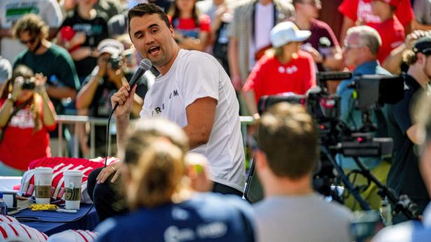 U.S. right-wing activist and commentator Charlie Kirk appears at a Utah Valley University speaking event in Orem