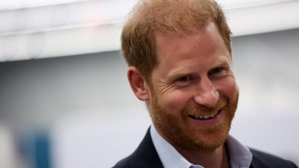 Ein lächelnder Prinz Harry mit rotem Haar und Bart ist im Profil zu sehen.