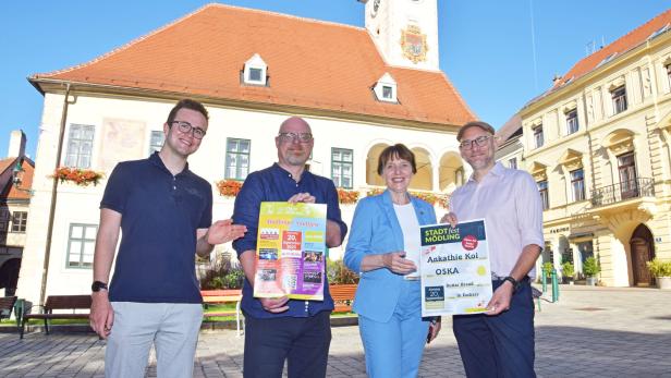 Vier Stadtpolitiker vor dem Rathaus von Mödling