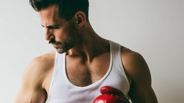 Ein Mann mit Boxhandschuhen und roter Hose blickt nach unten.