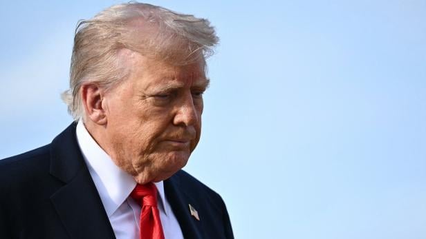 Donald Trump in einem seitlichen Portröt vor blauem Himmel
