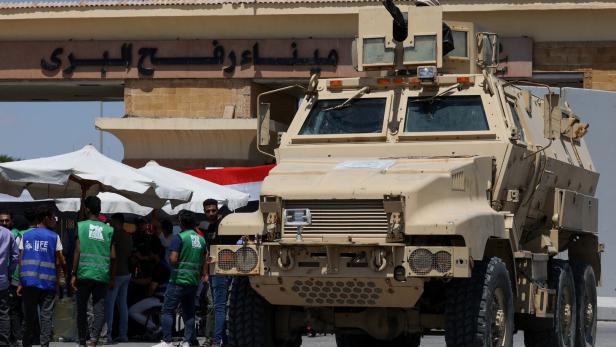 An Egyptian military vehicle stands near the Rafah border crossing between Egypt and the Gaza Strip, in Rafah An Egyptian military vehicle stands near the Rafah border crossing between Egypt and the Gaza Strip, in Rafah