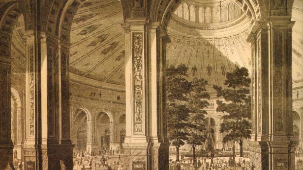 46-214039018 Eine historische Illustration zeigt eine belebte Ausstellungshalle in der Rotunde im Wiener Prater mit hohen Säulen und Bögen.