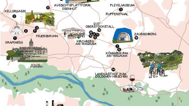 Landkarte, auf der die Tipps vom Wagram eingezeichnet sind.