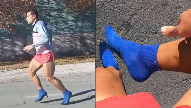 Ein Spanier hat in knapp 17 Sekunden die ungewöhnliche Strecke in hohen Schuhen zurückgelegt und dabei seinen eigenen Rekord gebrochen. Christian Roberto López Rodríguez beim High-Heels-Lauf